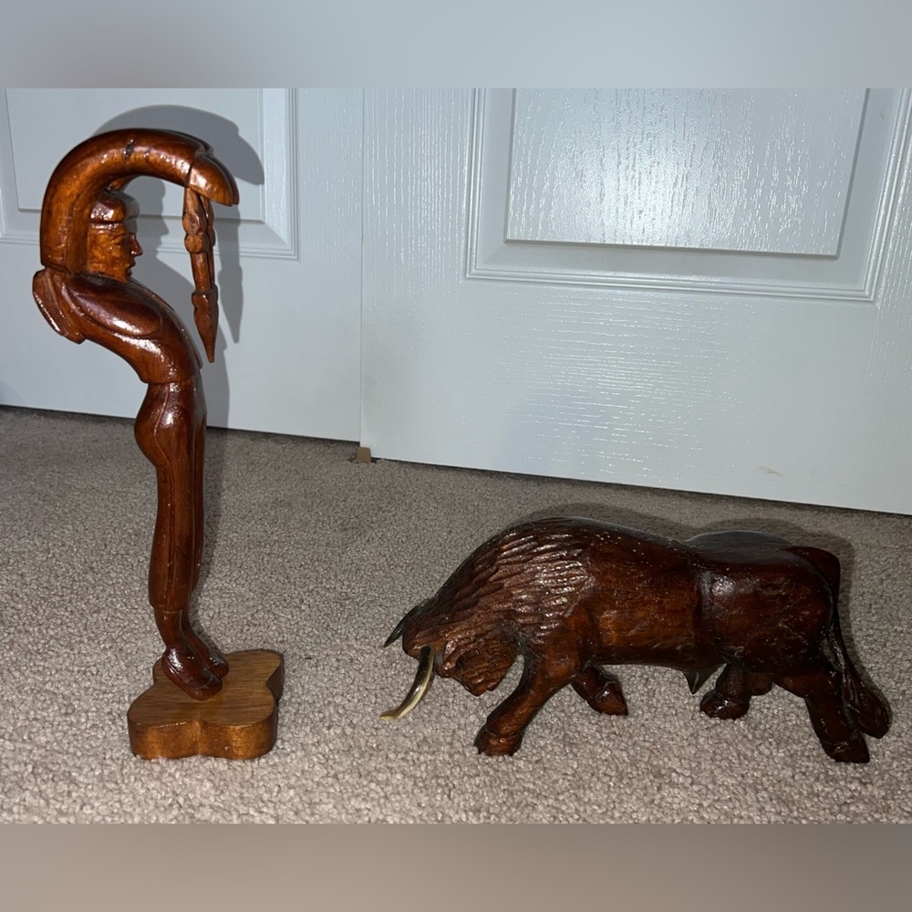 Handcrafted Spanish Wooden Matador & Charging Bull Set